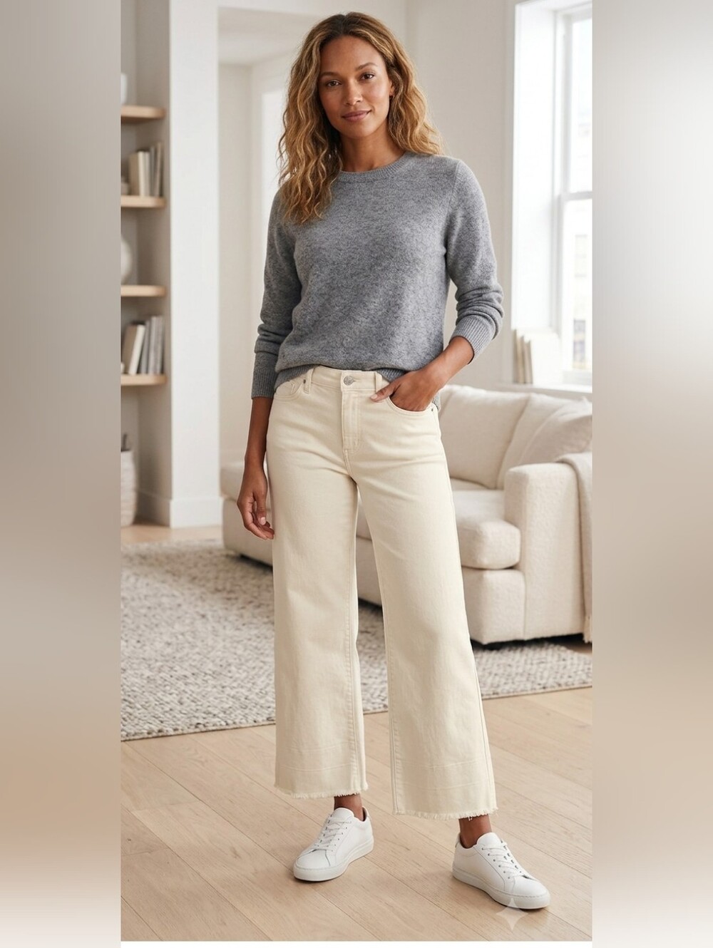 Lands' End Cream Wide-Leg Crop Jeans - Size 12